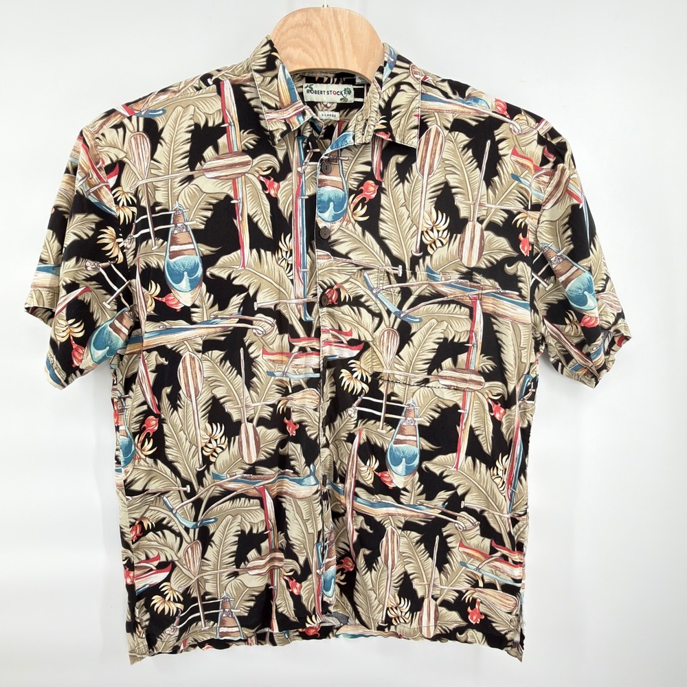 Robert Stock Button Up Shirt Mens XL Black Tan Blue Red Tropical Outrigger